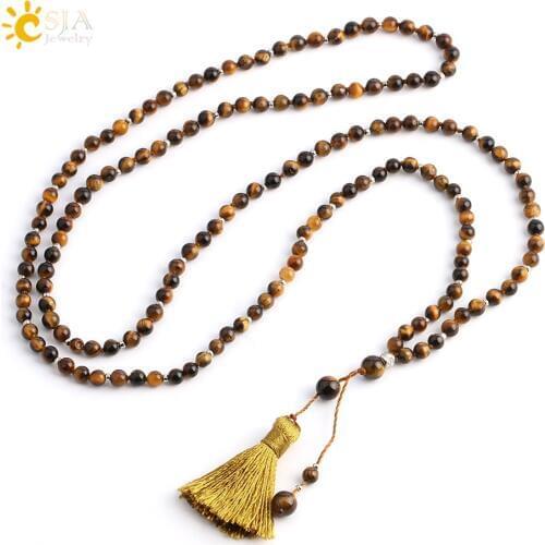 CSJA Natural Stone Tiger Eye Boho Long Necklace Knot Rope Tassel 4mm Beads Necklaces for Women Men Statement Jewelry Bijoux G072