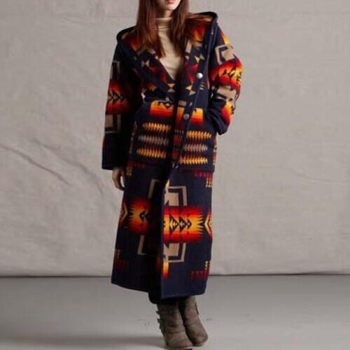 Ethnic Print Long Coat Women Boho Outerwear with Hat Plus Size Ladies Thick Coats Female 2020 Autumn Winter New Fashion