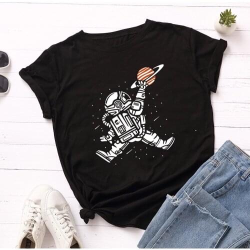Astronaut Print 100% Cotton T Shirt O Neck Short Sleeve Summer TShirt Women T-Shirt Funny T-shirts