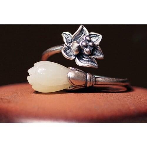 Natural Hetian magnolia flower lotus opening adjustable ring Chinese style retro Bohemian elegant charm silver jewelry
