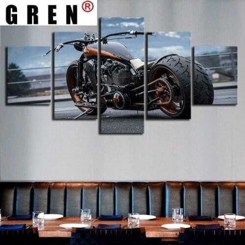 GREN Canvas Paintings 5Panels Luxury Retro Motorcycle Posters Wall Art Printed Home Decor Living Room Modular Pictures No Framed