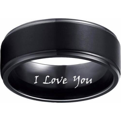 8mm Black Pure Titanium Wedding Band Ring Engraved "I Love You" Men Women Step Down Edges Brushed Finish US Size 9 10 11