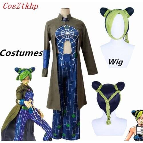 Anime JOJO Bizarre Adventure Cosplay Costume Cujoh Jolyne cosplay wig Dark blue cyan mixed color braid short hair+free wig cap