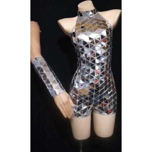 Fashion Shining Sleeveless Mirrors Sexy Bodycon Playsuits Women Nightclub Party Birthday Outfit Singer Dancer Stage Wear
