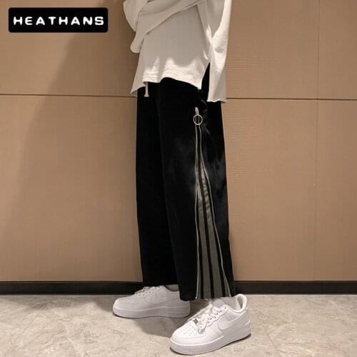 Mens Trousers High Street Pants Couple Straight Wide-leg Pants Male Loose Casual 2021 Fashion Harajuku Zipper Striped Trousers