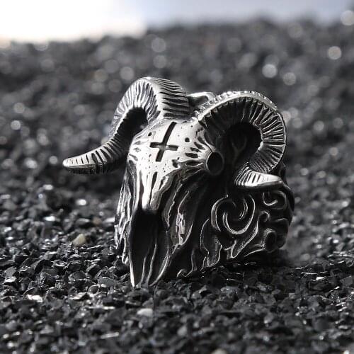 Gothic Lucifer Vintage Satan Sheep Rings For Men Punk Hip Hop Stainless Steel Skull Mens Ring Fashion Jewelry Gift