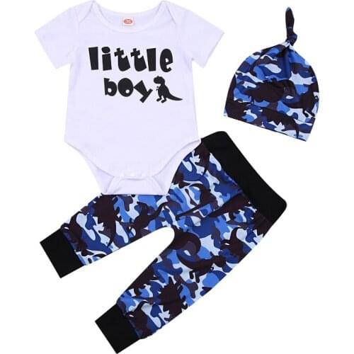 0-18M Little Boy Newborn Baby Boy Short Sleeve Cotton Bodysuit Tops Camouflage Pant Hat 3PCS Outfits Baby Clothing Set
