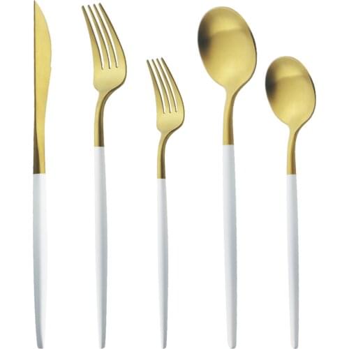5/20/30Pcs White Gold Cutlery Set Matte Knife Spoon Fork Tableware Set 304 Stainless Steel Dinnerware Set Kitchen Flatware Set