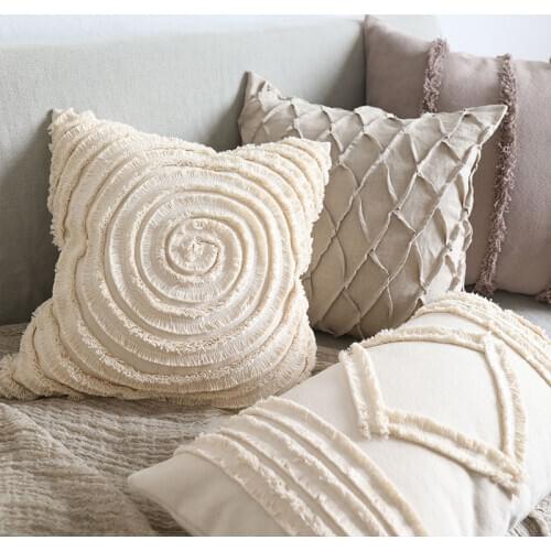 Raw White Cushion Cover Simple Natural Paisley Boho Cotton Boho Sofa Bedroom Square Pillow Cover 45X45cm