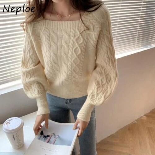 Neploe Autumn and Winter Korean Loose Woman Sweaters Outer Wear Square Neck Pullover Lantern Sleeve Sweater Short Knit Top