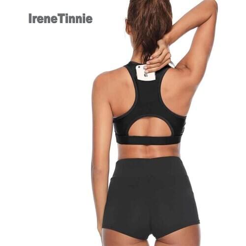 IRENE TINNIE Women Sports Bra With Phone Pocket Tops Fitness Running Wear Haut Femme Padding Gym Bras Wireless Top Deportivo
