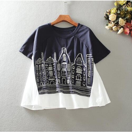 Womens Spring summer embroidery cotton Shirt Female Vintage contrast color patchwork Loose Casual Shirt Blouse TB1349