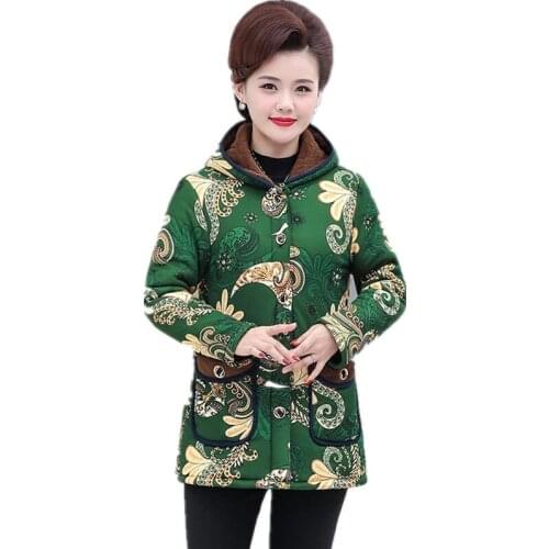 Plus Size Women Winter Jacket Hooded Warm Plus Velvet Thicked Cotton Coat Middle-aged woman Printed Winter Parka Outerwear