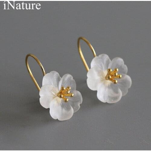 INATURE 925 Sterling Silver Natural Crystal Flower Drop Earrings for Women Fashion Dangle Earring Jewelry