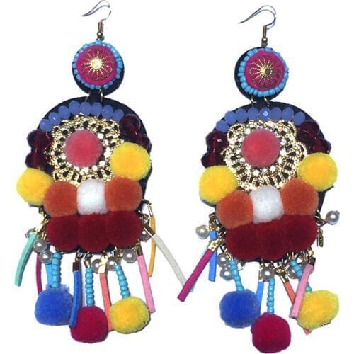 ISINYEE Handmade Pom Pom Tassel Ethnic Earrings Women Jewelry Bohemian Leather Pearl Beaded Accessories Large Hanging Earring