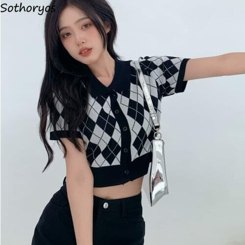 Women Cardigans Argyle Short Sleeve Slim Hot Crop Tops All-match Preppy Style Knitted Turn-down Collar Retro Stylish Temperament