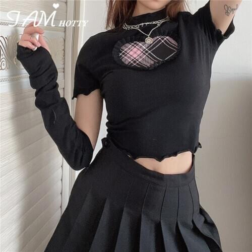 Y2k Heart Printed Sleeve Patchwork T-shirt Women Harajuku Ruffles Frill Black Aesthetic Crop Top Tee Summer Autumn 90s Iamhotty