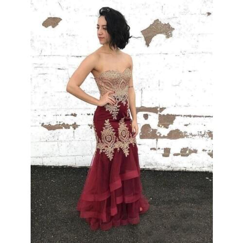 Gold Appliques Mermaid Prom Dresses 2021 Long Tulle Strapless Lace-up Back Formal Wedding Party Gowns Robe De Soire