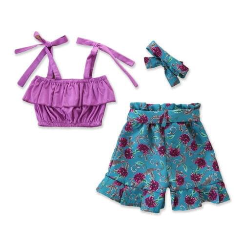 2019 Girl Summer 3PCS Toddler Baby Girls Tops Vest Pants Shorts Headband Casual Outfits Clothes