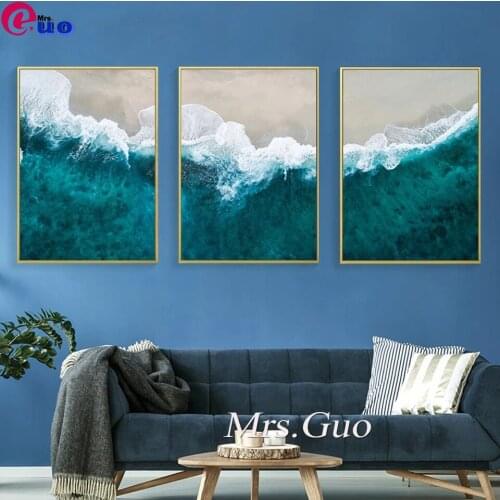 3 Pcs 5D DIY Diamond Embroidery Blue Ocean Wave Landscape Full Drill Diamond Painting Rhinestone Mosaic Kit Home Decor Wall Art