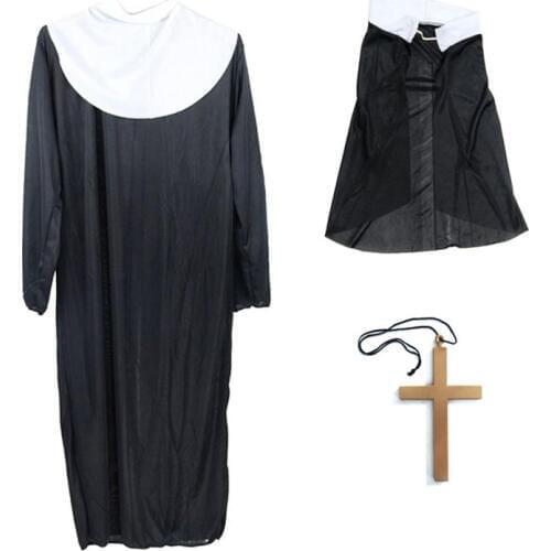 3pcs/Set Women Ladies Nun Costume Headscarf Cross Robe For Party Cosplay Stage Performance Halloween