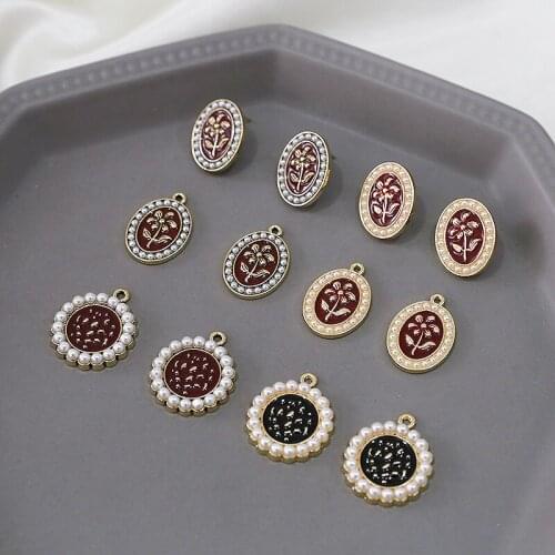 6pcs New Korean Statement Earrings for women Oval inlaid pearl flower pattern pendant earrings diy jewelry material accessories