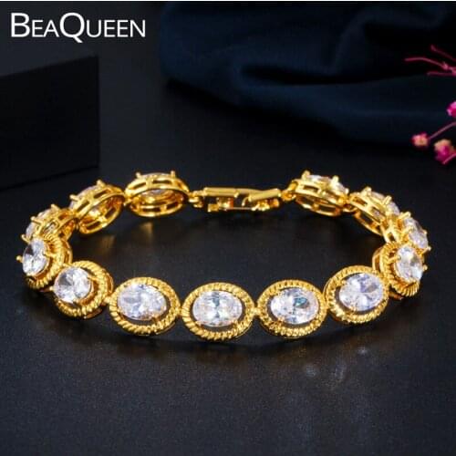BeaQueen Classic Big Oval Cubic Zirconia Stones Yellow Gold Color Wedding Bracelets for Brides Bridesmaids Jewelry Gift B196