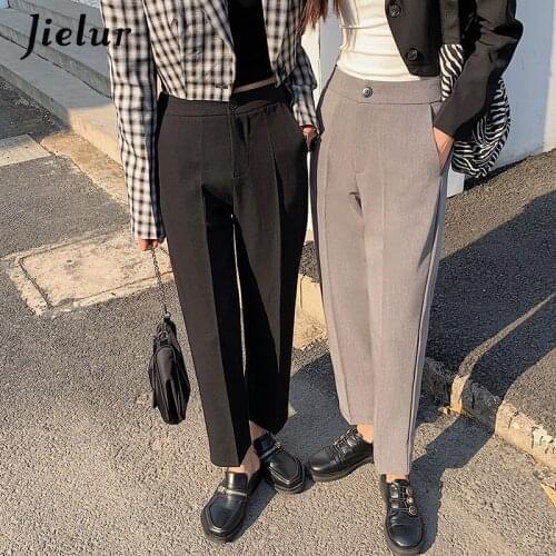 Jielur Woman Suit Pants Harajuku High Waist Womens Pants Straight Formal Workwear Trousers Ladies OL Pants Black Gray Zipper