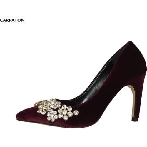 Carpaton Bling Bling Crystal Flower Decorations High Heel Shoes 2018 Newest Velvet Woman Pumps Sexy Pointed Toe Wedding Heels