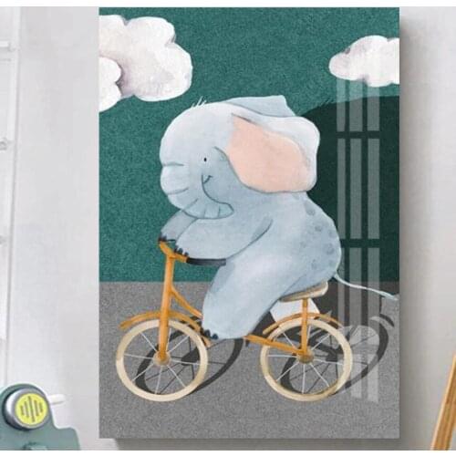 Childrens Day Gift Canvas Cute Cartoon Painting Blue Elepant Ride On A Bicycle Prints On Canvas Posters Wall Art Decor Pictures