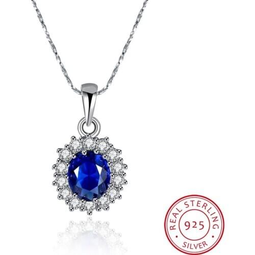Elegant Oval Princess Diana William Sapphire Pendant Necklace for Women 100% 925 Sterling Silver Charms Necklace Jewelry