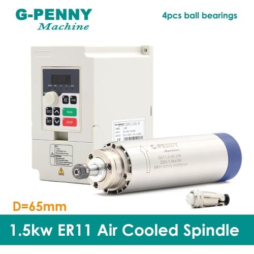 New Product! 220V 1.5KW ER11 CNC Air Cooled Spindle Motor 65mm Air Cooling 4Bearings CNC Motor Spindle & 220v 1.5kw VFD inverter
