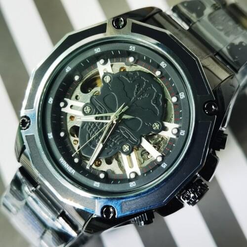 Forsining 2021 Fashion Brand Steampunk Skull Auto Mechanical Clock Men Full Stainless Steel Gold Skeleton Dial Cool Design Watch