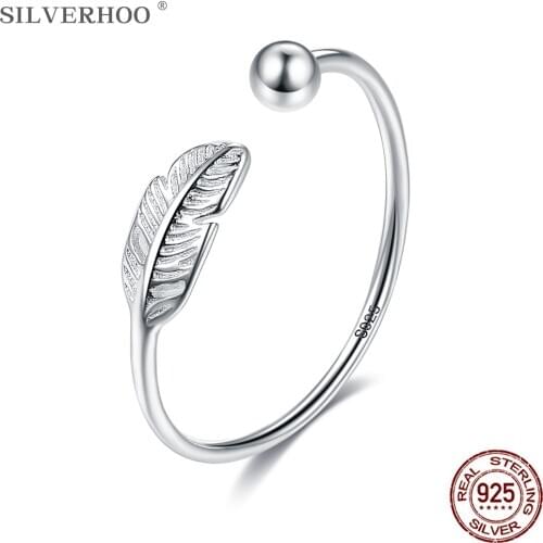 SILVERHOO Authentic 925 Sterling Silver Cute Feather Adjustable Ring Fine Jewelry For Women Party Elegant Accessories Hot Sale