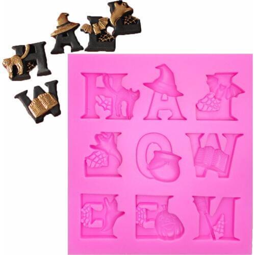 Halloween Letters Silicone Mold Alphabet Fondant Cake Decorating Tools Cat pumpkin bat ghost witch hat Chocolate Mould T1112