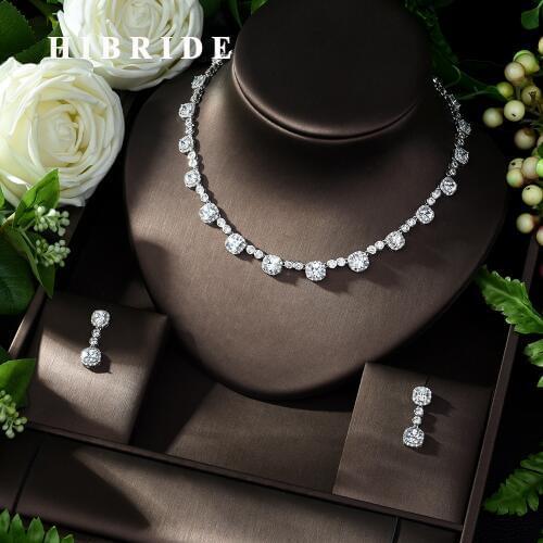 HIBRIDE Luxurious White Gold-Color Simple Design CZ Tiny Round Stone Chain Necklace Bridal Wedding Gift Party Jewelry N-1003