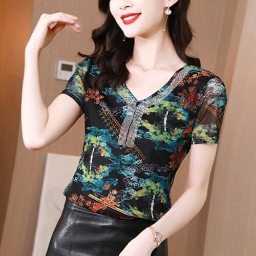 Tie-dye Cotton Women T Shirt Summer 2021 Lace Slim Print Streetwear Short Sleeve Womens Tshirts Casual Tees Mesh Female T-shirt