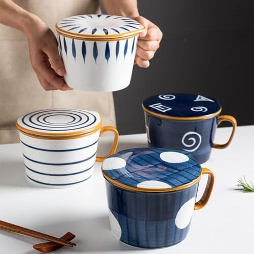 Ceramic Tableware With Handle Instant Noodle Bowl Household Soup Bowl Japanese HandP ainted Creative Instant Noodle Bowl With
