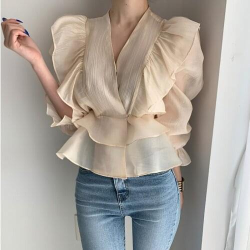 Kili Korean Style Stand-Up Collar Ruffled Chiffon Shirt Puff Sleeve Shirt Apricot One Size