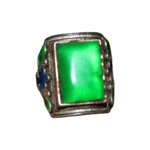 Chinese Old Craft Made Old Tibetan Silver Inlaid Green Jade Silver Ring