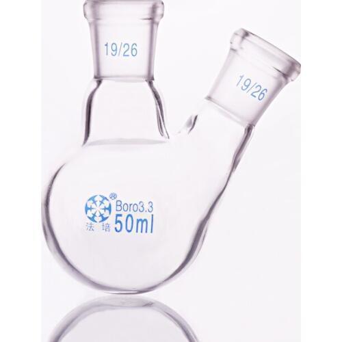 Two-necked flask oblique shape,with two necks standard grinding mouth,Capacity 50ml,Middle joint 19/26 and lateral joint 19/26