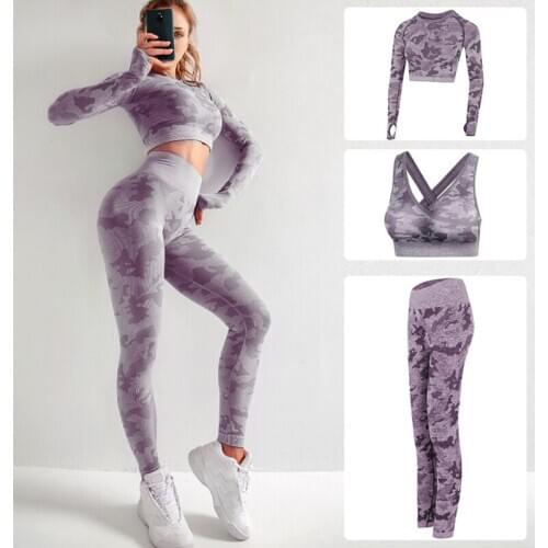 Hot Sale Women Seamless Yoga Set High Waist Stretch Leggings And Sports Bra Set Fitness Long Sleeve Yoga Three Piece Set