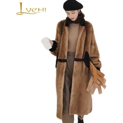 LVCHI Winter 2019 Womens Patchwork Black Line Mink Coats Natural Fur Mink Coat X-Long Full Pelt Imported Velvet Mink Fur Coat