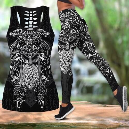 Fashion Womens Tights Beautiful Viking Tattoo 3D Printing Combination Vest + Leggings Sexy Stretch Womens Yoga Pants