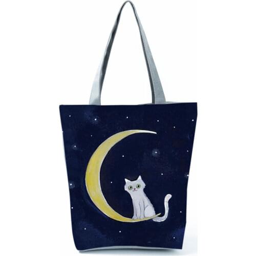 Cartoon Cute Cat Handbags Fashion Eco Reusable Shopping Bags Moon Animal Large Capacity Tote Black Cool Style Women Shoulder Bag