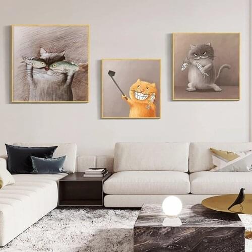 Cartoon Creative Cat Modern Art Posters and Prints Canvas Painting Wall Picture for Living Room Kids Bedroom Nursery Home Decor