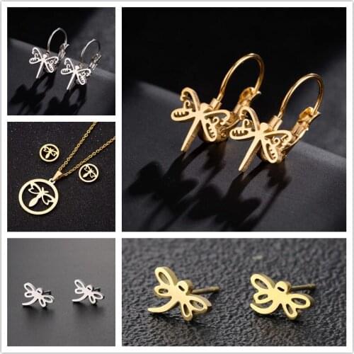 Oly2u Women Fashion Cute Tiny Dragonfly Stud Earrings for Lady Party Dress Friend Gift 2019 Stainless Steel Jewelry