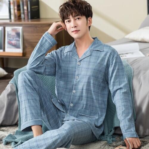 100% Cotton Pijama for Men 2 Pieces Lounge Sleepwear Pyjamas Plaid Autumn Bedgown Home Clothes Man PJs Pure Cotton Pajamas Set