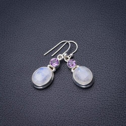 StarGems Natural Rainbow Moonstone And Amethyst Handmade 925 Sterling Silver Earrings 1.5" D6503