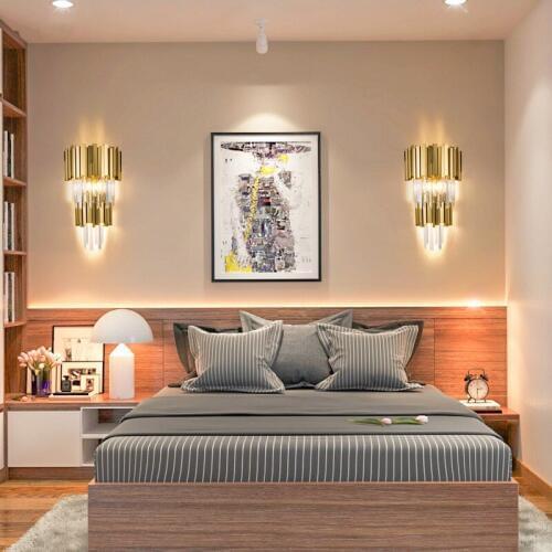 American European post modern golden metal crystal glass tube wall light lamp LED for villa hotel foyer living room wall sconce